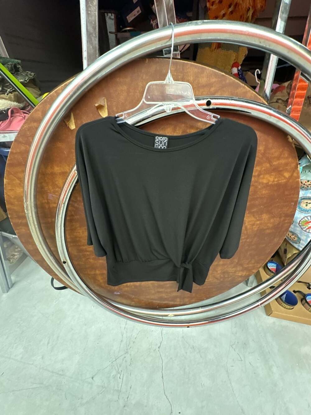 Clara Sun Woo Black Dolman Sleeve Tie-Front Waist Top